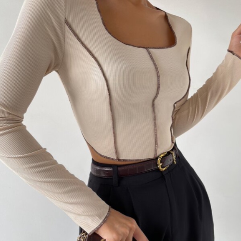 Square Neck Topstitching Crop Long sleeve tee
